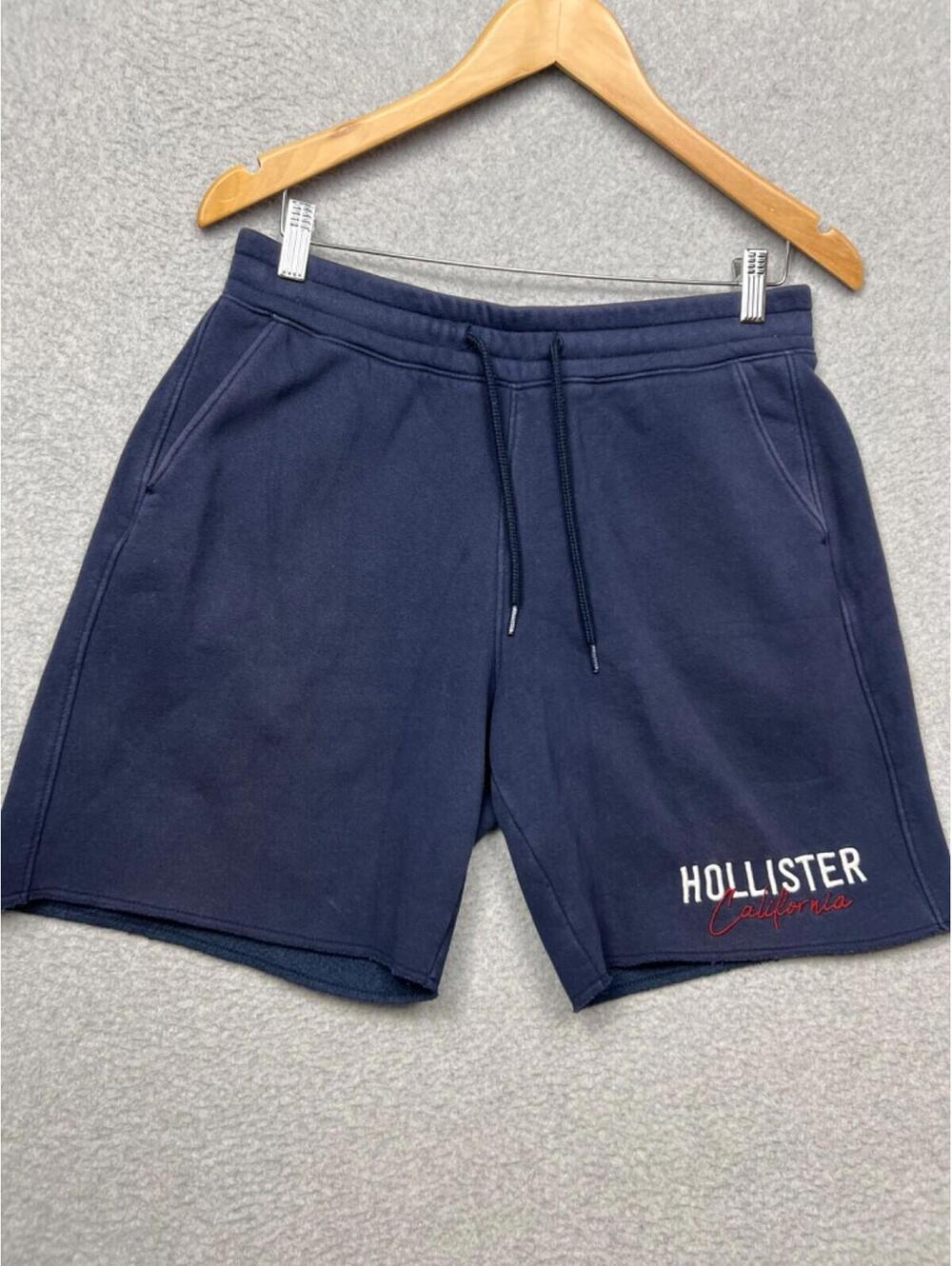 Hollister Mens Graphic Logo Fleece Jogger Sweat Shorts S Yy2k 90s Navy Tie Waist